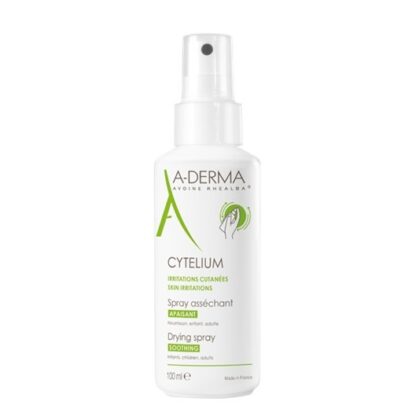 A-Derma Cytélium Spray Secante 100ml, o spray secante suavizante CYTELIUM seca e acalma sem manchar as zonas irritadas* e sujeitas a maceração (zonas húmidas, pregas cutâneas, zona da fralda, etc.) de toda a família.