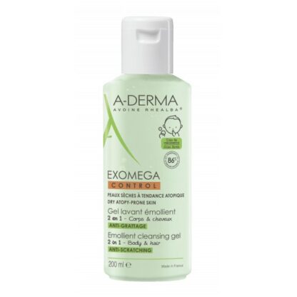 A-Derma Exomega Control Gel Lavante Corpo e Cabelo 200 ml, funciona certamente como um 2 em 1. Limpa, assim como, protege a pele e o cabelo sensível do bebé. Ainda assim é muito recomendado para peles atópicas.