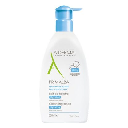 A-Derma Primalba Leite Toilette Suave 500ml, o leite de limpeza PRIMALBA limpa com suavidade, acalma e hidrata a pele frágil do bebé