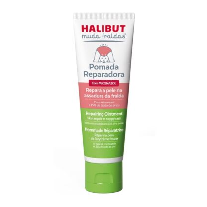 Halibut Muda Fraldas Pomada Reparadora 50gr, pomada, com Óxido de Zinco e Miconazol, que ajuda a reparar a pele na assadura da fralda e a controlar a proliferação de microrganismos na pele.