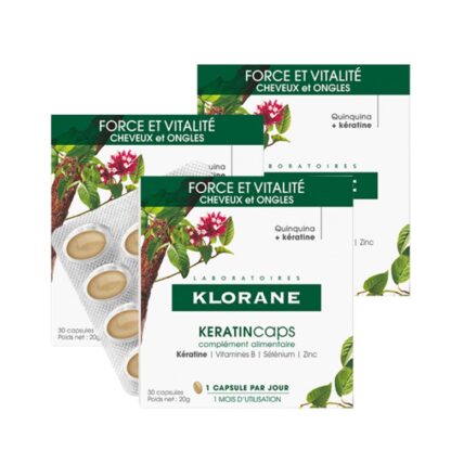 Klorane Quinina KERATINcaps 30 Cápsulas, nutre o bolbo capilar com a ajuda de nutrientes para dar força e energia ao cabelo.
