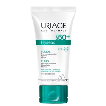 Uriage Hyseac Fluido SPF50 Oli-free 50ml, assegura uma protecção solar eficaz com propriedades adaptadas à pele mista a oleosa. Oferece elevada protecção UVA-UVB de alta performance graças a um novo complexo filtrante sem octocrileno.