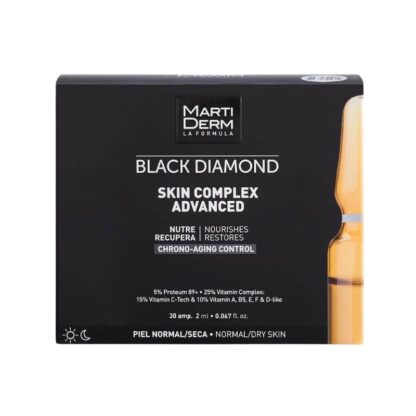 Martiderm Black Diamod Skin Complex Advanced é a versão renovada de Skin Complex+. Trata-se da fórmula mais completa de ampolas rejuvenescedoras para tratar o cronoenvelhecimento e/ou a pele desvitalizada.