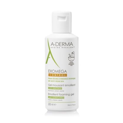 A-Derma Exomega Control Gel Lavante 200ml,  espuma emoliente limpa com suavidade, acalma e protege a pele seca e de tendência atópica. Acalma a sensação de comichão associada à secura cutânea e protege a pele diariamente contra a secura.