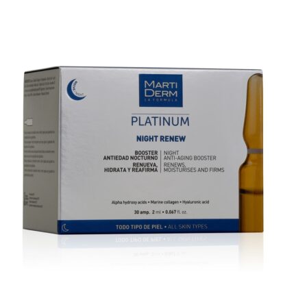 Martiderm Platinum Night Renew 30 Ampolas, com o propósito de regenerar e hidratar a pele com um efeito múltiplo