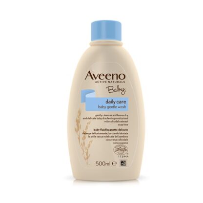 Aveeno Baby Banho Delicado 500ml, cuidado de banho que limpa delicadamente e deixa a pele seca e delicada do bebé com uma sensação de hidratação e suavidade.