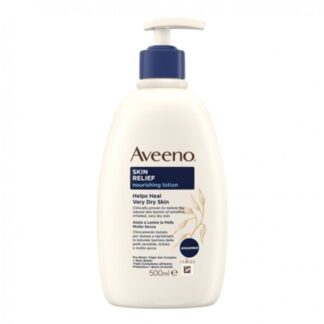 Aveeno Skin Relief Loção Corporal Hidratante 500ml, loção rica e não gordurosa indicada para aliviar imediatamente a pele muito seca ou sensível.