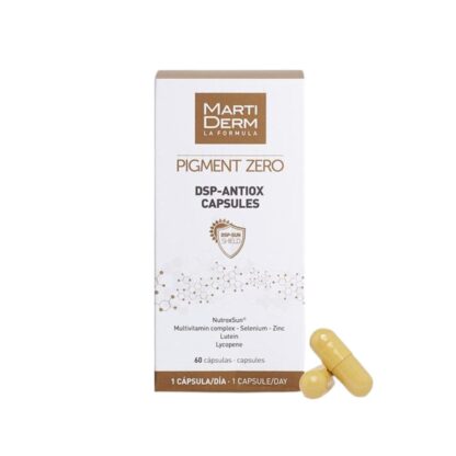 Martiderm Pigment Zero DSP Antiox 60 Cápsulas, com o propósito de ajudar as defesas naturais da pele face à radiação ultravioleta. Ao passo que prevê o fotoenvelhecimento e uniformiza o tom.