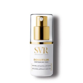 SVR Densitium Contorno de Olhos 15 ml, com a finalidade de lutar contra o relaxamento das pálpebras. Ainda assim reduz as rugas, os papos, bem como as olheiras.