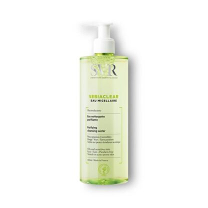 SVR Sebiaclear Água Micelar 400 ml, com a finalidade de remoção de maquilhagem. Além disso purifica e limpa o rosto. Bem como remove impureza e o excesso de oleosidade do rosto.
