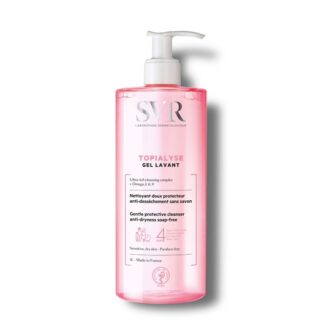 SVR Topialyse Gel Lavante 1000 ml, com a finalidade de limpeza. Garante contudo uma higiene suave, assim como protetora. Além disso  é um gel de banho anti desidratação
