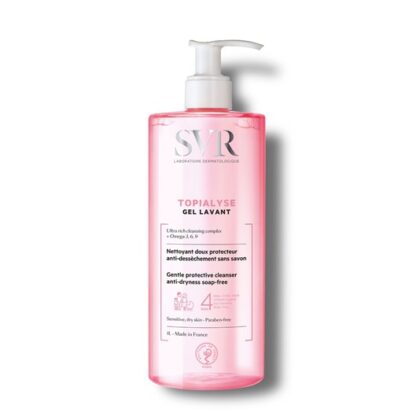 SVR Topialyse Gel Lavante 1000 ml, com a finalidade de limpeza. Garante contudo uma higiene suave, assim como protetora. Além disso  é um gel de banho anti desidratação