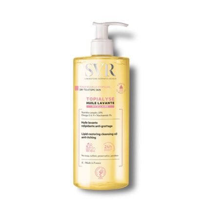 SVR Topialyse Óleo Lavante Micelar 1000 ml, com a finalidade de limpeza e cuidado para peles secas e atópicas. Ainda assim considerando o conforto e a nutrição necessária para a pele.