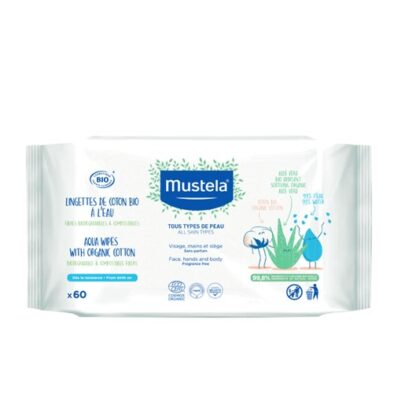 Mustela Toalhetes de Água com Algodão BIO 60 Toalhetes ultra suaves, compostos por algodão BIO que limpam delicadamente o rosto, as mãos, as nádegas e o corpo do bebé.