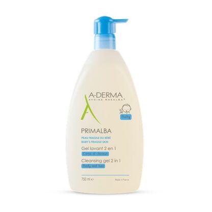 A-Derma Primalba Gel Lavante Suave 750ml, o gel de limpeza 2 em 1 PRIMALBA lava suavemente o corpo e o cabelo do bebé em apenas um gesto.