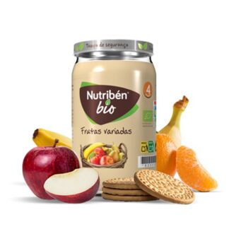 Nutribén BioBoiões Frutas Variadas 235gr receita gourmet de frutas variadas, com banana, maçã, pera e sumo de laranja provenientes de agricultura biológica. Sobremesa de frutas gourmet para bebés a partir dos 6 meses de idade.