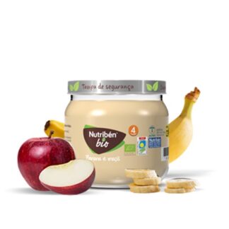 Nutribén BioBoiões Banana e Maçã, receita de frutas, com banana e maçã provenientes de agricultura biológica. Sobremesa de frutas gourmet para bebés a partir dos 4 meses de idade.