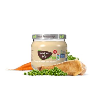 Nutribén BioBoiões Frango com Legumes, refeição gourmet para bebés a partir dos 4 meses de idade, elaborada com Frango de criação com alimentação biológica e seleção cuidada dos melhores legumes biológicos.