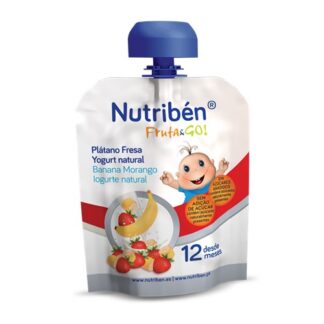 Nutribén Fruta & Go! Banana, Morango e Iogurte Natura 90gr é uma deliciosa combinação de frutas e iogurte, completa e divertida com os sabores que os bebés mais gostam.
