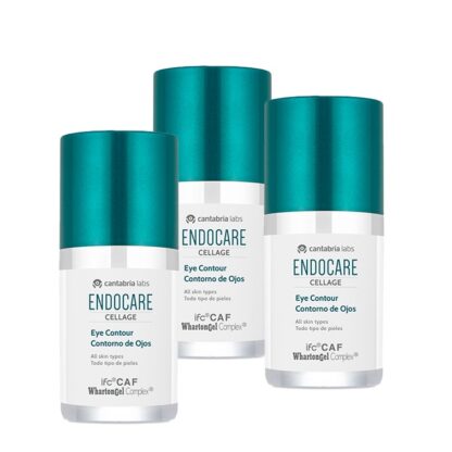 Endocare Pack Cellage Contorno de Olhos 3x15ml, creme para todos os tipos de pele, especificamente desenvolvido para esta zona particular do rosto, que prematuramente mostra sinais de envelhecimento. Com ações drenante, anti-papos e anti-olheiras.