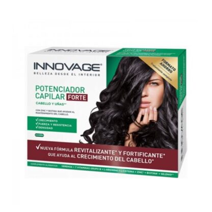 Innovage Potenciador Capilar Forte 30 Comprimidos, contém serenoa, uma planta que contribui para o crescimento natural do cabelo nos homens e ajuda a manter o seu próprio cabelo. Também contém Extrato de Linhaça rico em lignanas e L-arginina.
