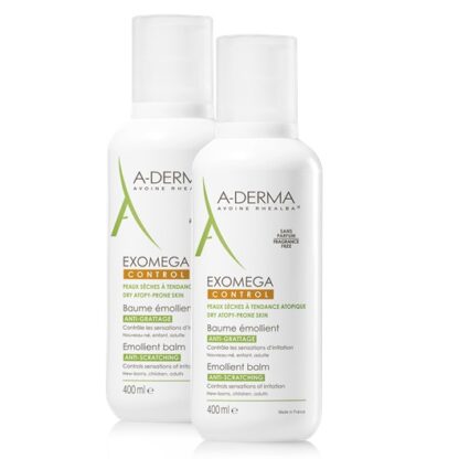A-Derma Exomega Control Bálsamo Emoliente 2x400ml, o bálsamo emoliente EXOMEGA CONTROL acalma todas as peles secas de tendência atópica desde o nascimento.
