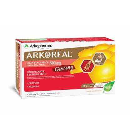 Arkoreal Geleia Real + Ginseng 20 Ampolas, ajuda no cansaço e na fadiga e contribui para a resistência física. Substância resinosa obtida pelas abelhas, é conhecido como um escudo natural da colmeia.