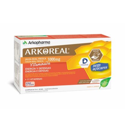 Arkoreal Geleia Real Vitaminada S/Açúcar 20 Ampolas, contribui para a manutenção de uma pele e uma visão normais, para o normal metabolismo dos macronutrientes e para o normal funcionamento do sistema nervoso, para a manutenção de ossos normais e para a manutenção do normal funcionamento muscular