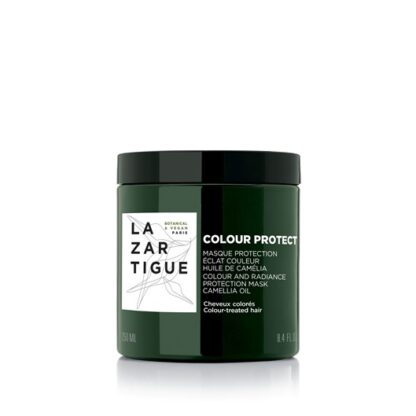 Lazartigue Máscara Colour Protect 250ml, máscara proteção de cor. A máscara vegan proteção de cor e brilho contém 95% de ingredientes naturais: como o óleo de camélia para nutrir em profundidade o cabelo pintado