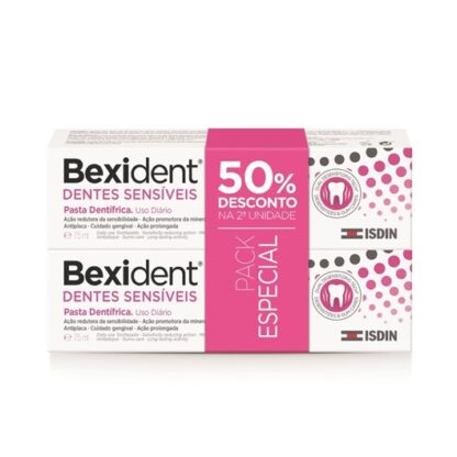 Bexident Dentes Sensíveis Pasta 2x75ml é formulada com ingredientes de ação redutora da sensibilidade (nitrato de potássio), promotora da mineralização do esmalte (fluoreto de sódio) e anti-placa que permitem reduzir a dor nos dentes e ter as gengivas sãs e protegidas.