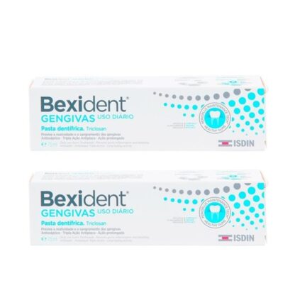 Bexident Gengivas Pasta Uso Diário 2x75ml, com a finalidade de cuidado e proteção oral diária. De tal forma que prevê problemas nas gengivas e controla as cáries.