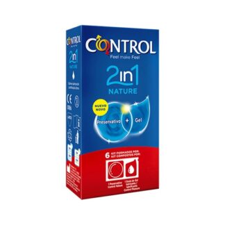 Control Nature 2in1 Preservativos + Gel 6 preservativos + 6 doses de lubrificante. Prático e pronto a usar, 2 in 1 Nature é o kit dedicado aos momentos de prazer. Cada pacote contém um preservativo Control Nature e uma dose de gel lubrificante Control Nature