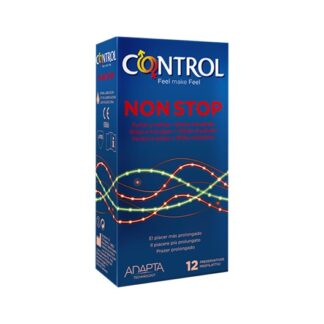 Control Non Stop 12 Preservativos Stop é um preservativo concebido para quem quer algo mais numa relação. Tem pontos e estrias no lado externo para oferecer sensações mais intensas e é lubrificado internamente com benzocaína para favorecer relações mais prolongadas.