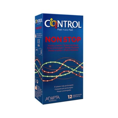 Control Non Stop 12 Preservativos Stop é um preservativo concebido para quem quer algo mais numa relação. Tem pontos e estrias no lado externo para oferecer sensações mais intensas e é lubrificado internamente com benzocaína para favorecer relações mais prolongadas.