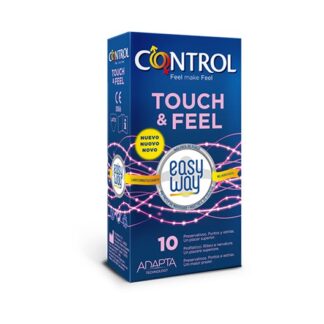 Control Touch & Feel Easy Way 10 Preservativos estimula um prazer sem interrupções: possui pontos e estrias no lado externo para oferecer sensações mais intensas durante as relações sexuais e é ainda mais confortável de colocar graças à aba delicada que indica a direção certa e permite desenrolá-lo facilmente.