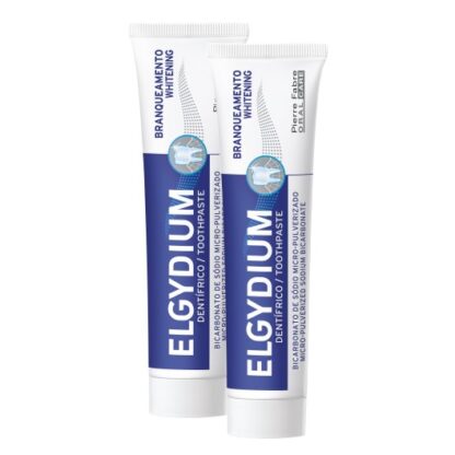 Elgydium Pasta Branqueador Cool Lemon 2x75ml, pasta dentífrica com sabor a limão fresco, com bicarbonato de sódio micro-pulverizado, indicada para uns dentes mais brancos e saudáveis.