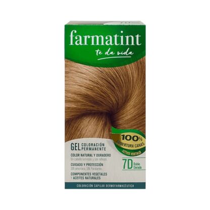 Farmatint Gel Color 7D Louro Dourado 135ml, graça à sua suave composição, sem amoníaco e com ingredientes vegetais, é uma coloração permanente capaz de cobrir 100% dos cabelos brancos, respeitando a saúde do cabelo.