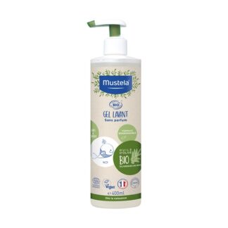 Mustela o Gel Lavante de Corpo e Cabelo certificado organicamente é usado desde o nascimento e por toda a família.