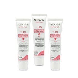 Rosacure Intensive SPF30 3x30ml, emulsão protetora de dia com fator de proteção solar alto (SPF 30 com proteção UVA) para aplicação no rosto, com o objetivo de proteger a pele com rosácea na sua fase eritemato-telangiectásica (couperose) e pápulo-pustulosa