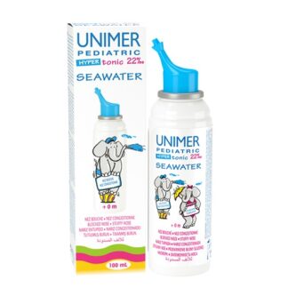 Unimer Pediátrico Hipertónico 100ml solução de água do mar, destinada para a lavagem das fossas nasais, em situações diversas de congestionamento da mucosa nasal (gripes, constipações, rinofaringites, rinites).