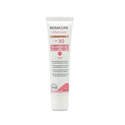 Rosacure Intensive SPF30 Teintée Clair 30ml, emulsão protetora com cor e fator de proteção solar alto para aplicação no rosto, indicado para a pele com rosácea na sua fase eritemato-telangiectásica (couperose) e pápulo-pustulosa