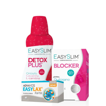 Pack composto pelo Drenante Detox que ajuda tanto com desintoxicante depois o Blocker que ajuda mas refeições mais calóricas e o Easylax Forte.