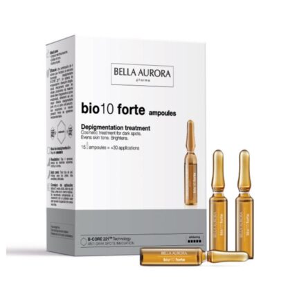 Bella Aurora Bio10 Forte 15 Ampolas, tratamento intensivo antimanchas com a exclusiva tecnologia despigmentante B-CORE221™.