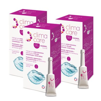 Climacare Gel Vaginal 5x5 ml, gel indicado para regeneração das membranas mucosas da vagina, em situações de secura vaginal