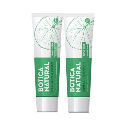 Botica Natural Creme Anti-Transpirante 2x75 gr, aplicar diariamente sobre a pele bem seca, nas zonas onde se pretenda uma ação antitranspirante: axilas, virilhas, pés, etc.