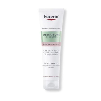 Eucerin DermoPure Gel de Limpeza Concentrado Triplo Efeito com 2% de Ácido Salicílico ajuda-a a livrar-se finalmente das manchas e borbulhas do acne graças a 3 factores-chave
