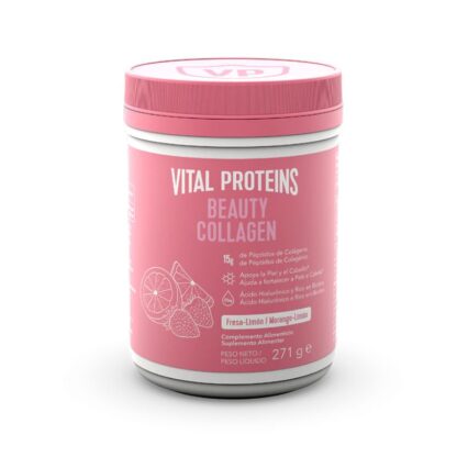 Vital Proteins Beauty Collagen Pó Morango-Limão 271gr, sabor a morango-limão, é um suplemento alimentar composto por péptidos de colagénio, ácido hialurônico e rico em biotina, componentes selecionados para auxiliar no fortalecimento da tua pele e cabelo.