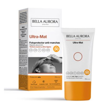 Bella Aurora Fotoprotetor SPF50 Antimanchas Ultra-Mat, fotoprotetor antimanchas de toque muito suave e acabamento mate. Oferece uma alta proteção de amplo espetro.