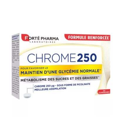 O Forté Pharma Forte Crome 250 é um suplemento alimentar formulado com picolinato de crómio, um oligoelemento essencial que atua na regulação dos níveis de açúcar no sangue e na redução do apetite por doces e petiscos